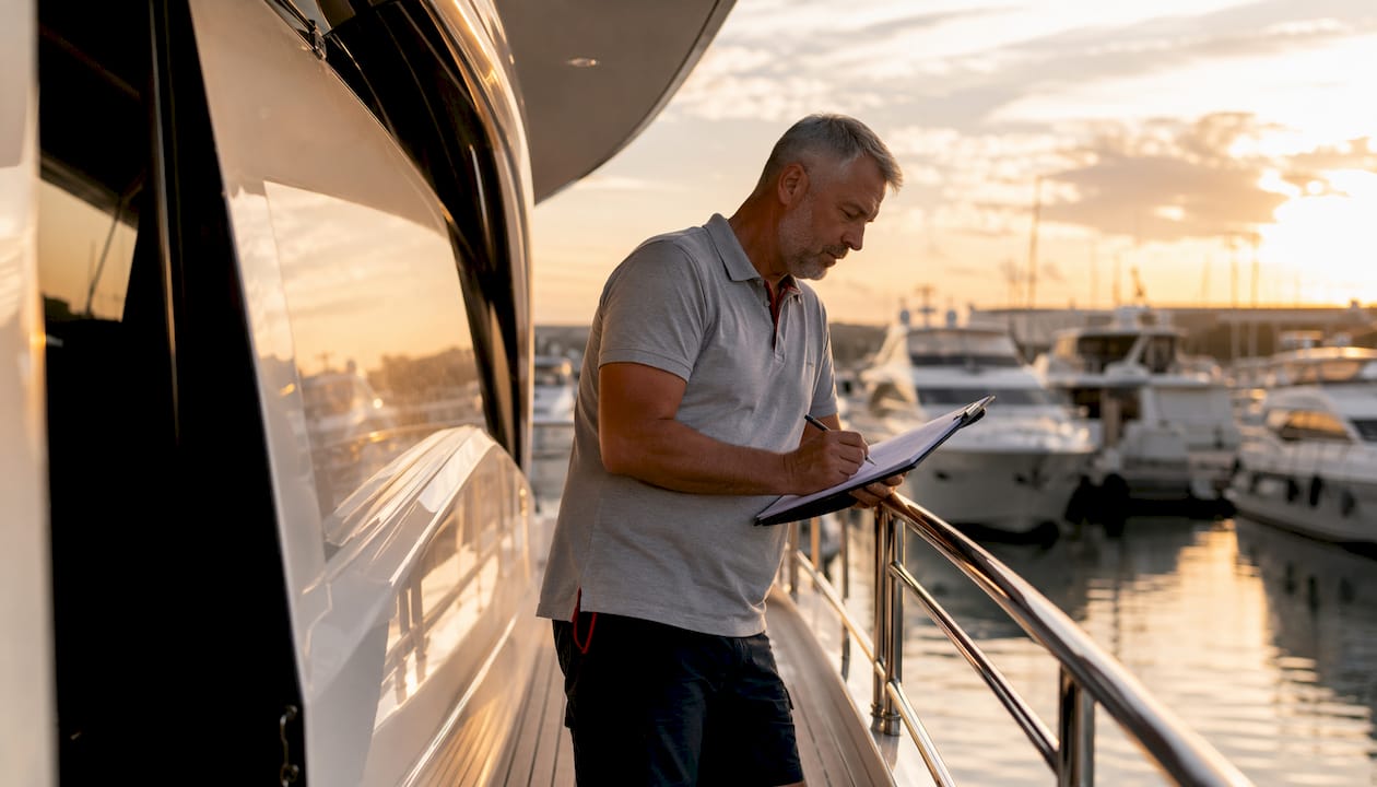 Marine surveyor inspecting yacht deck