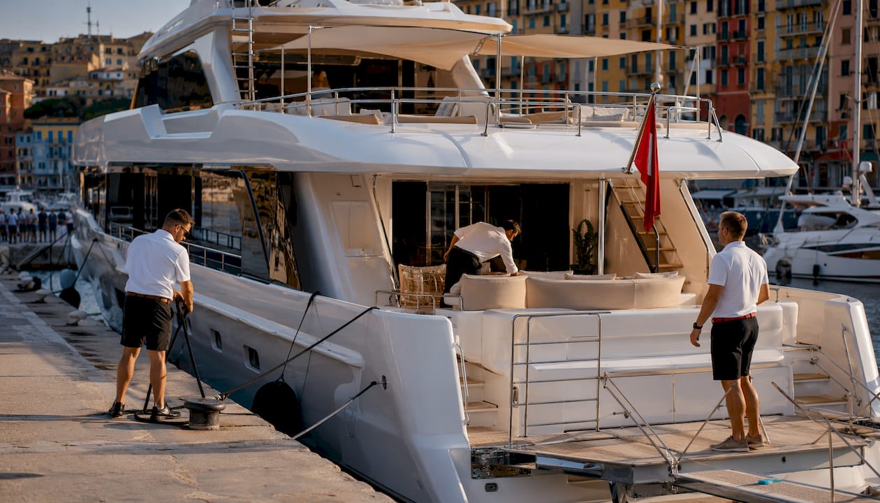 Commercial charter yacht moored in marina