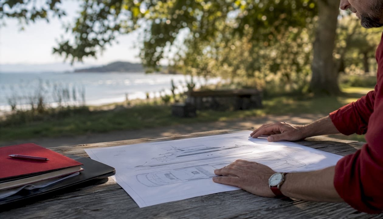 Hands reviewing yacht technical specs blueprint