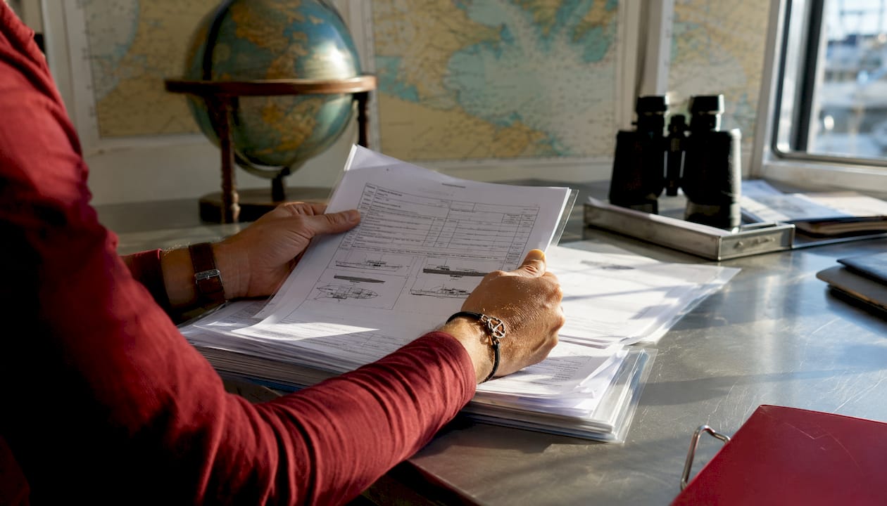 Close-up of hands handling US vessel certification documents