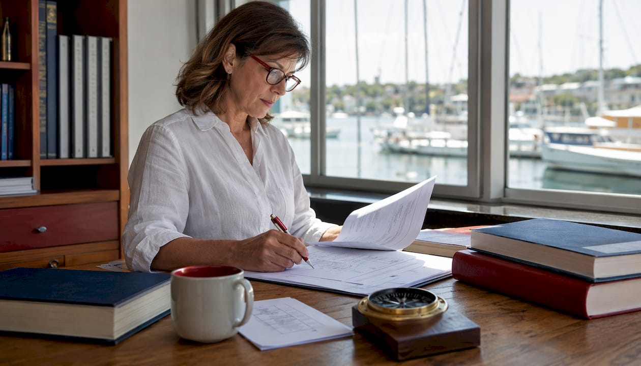 Officer reviewing commercial vessel certification documents
