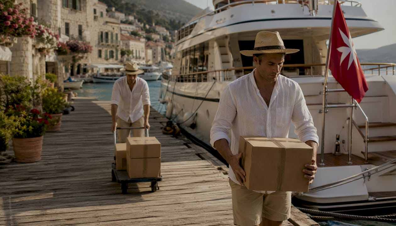 Yacht crew preparing charter by Mediterranean marina