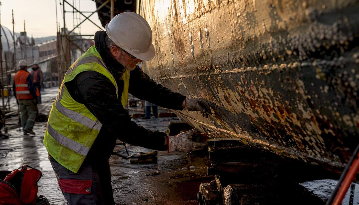 Surveyor measuring ship hull section