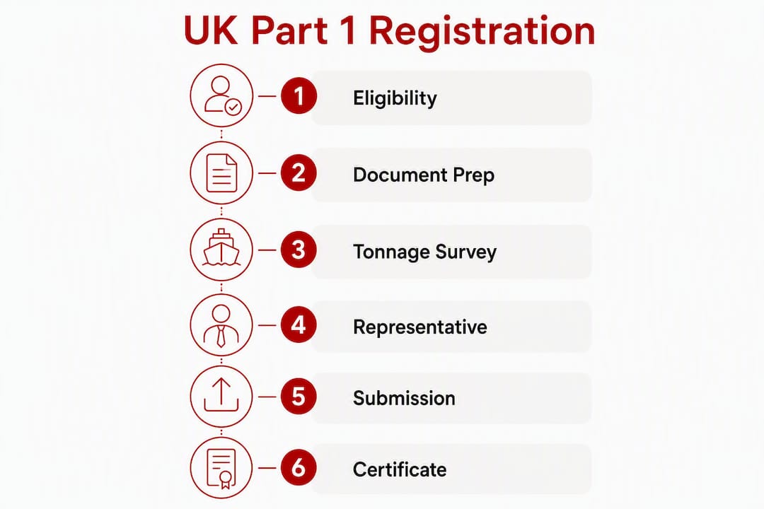 Infographic showing UK Part 1 vessel registration steps with key stages