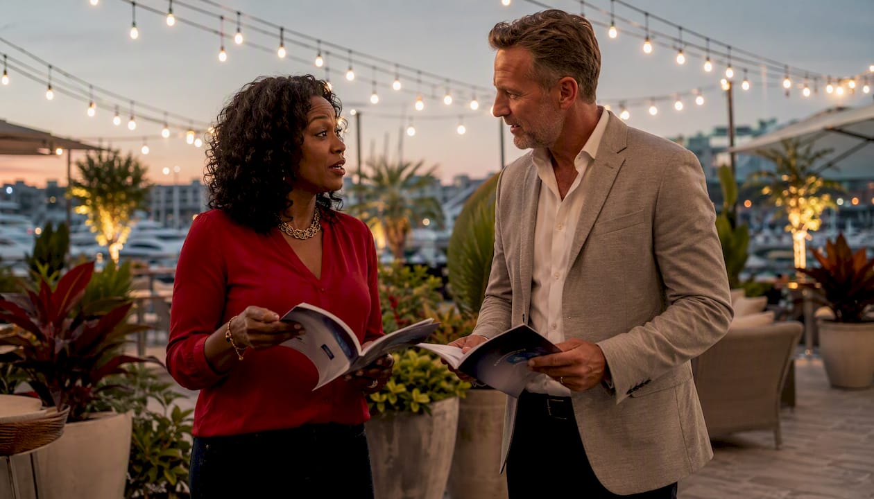 Two owners discussing registry options at yacht club