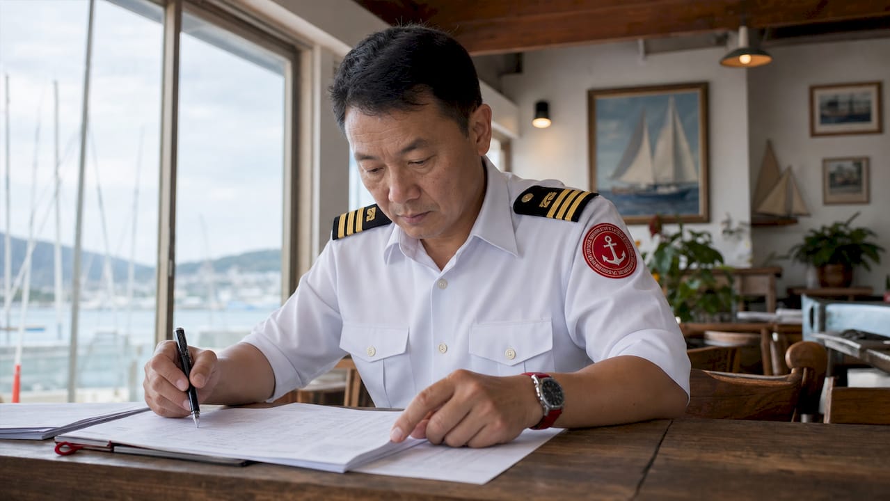 Maritime official reviewing vessel registration documents