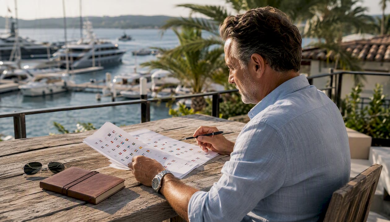 Yacht owner reviewing registration paperwork