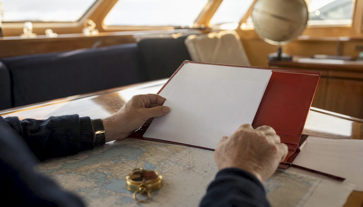 Hands placing vessel registration documents on a desk
