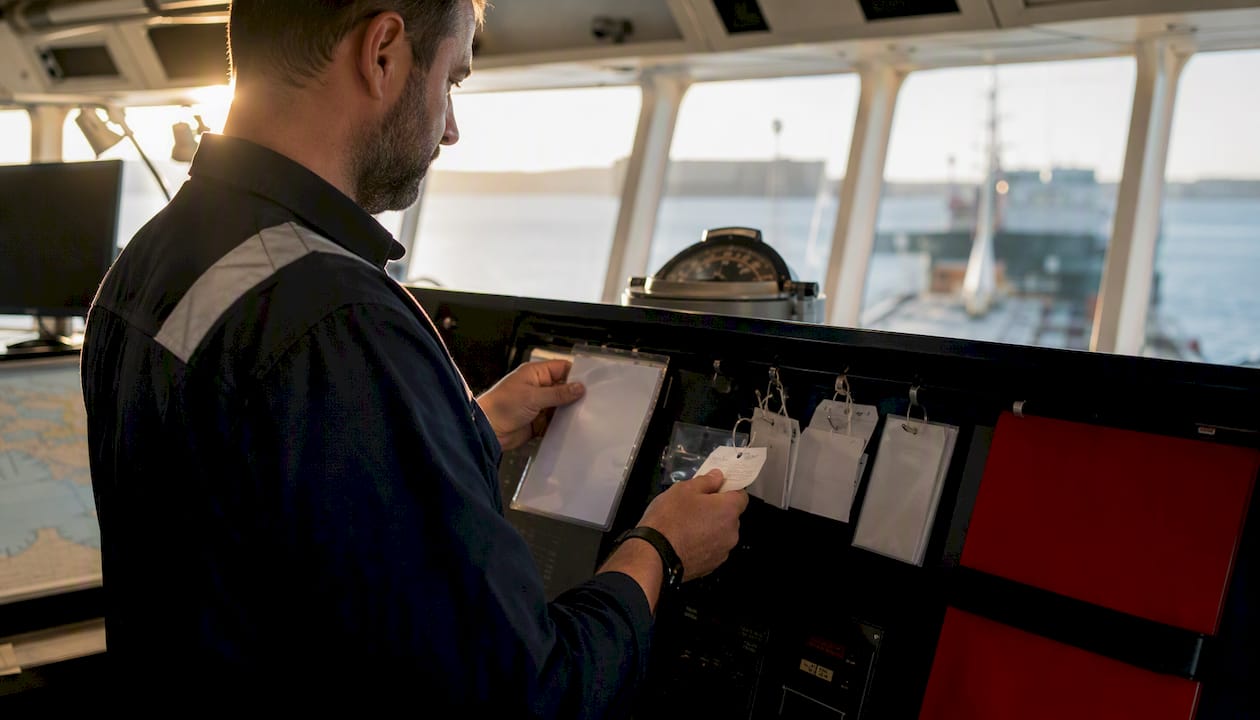 Hands holding maritime compliance certificates on ship bridge