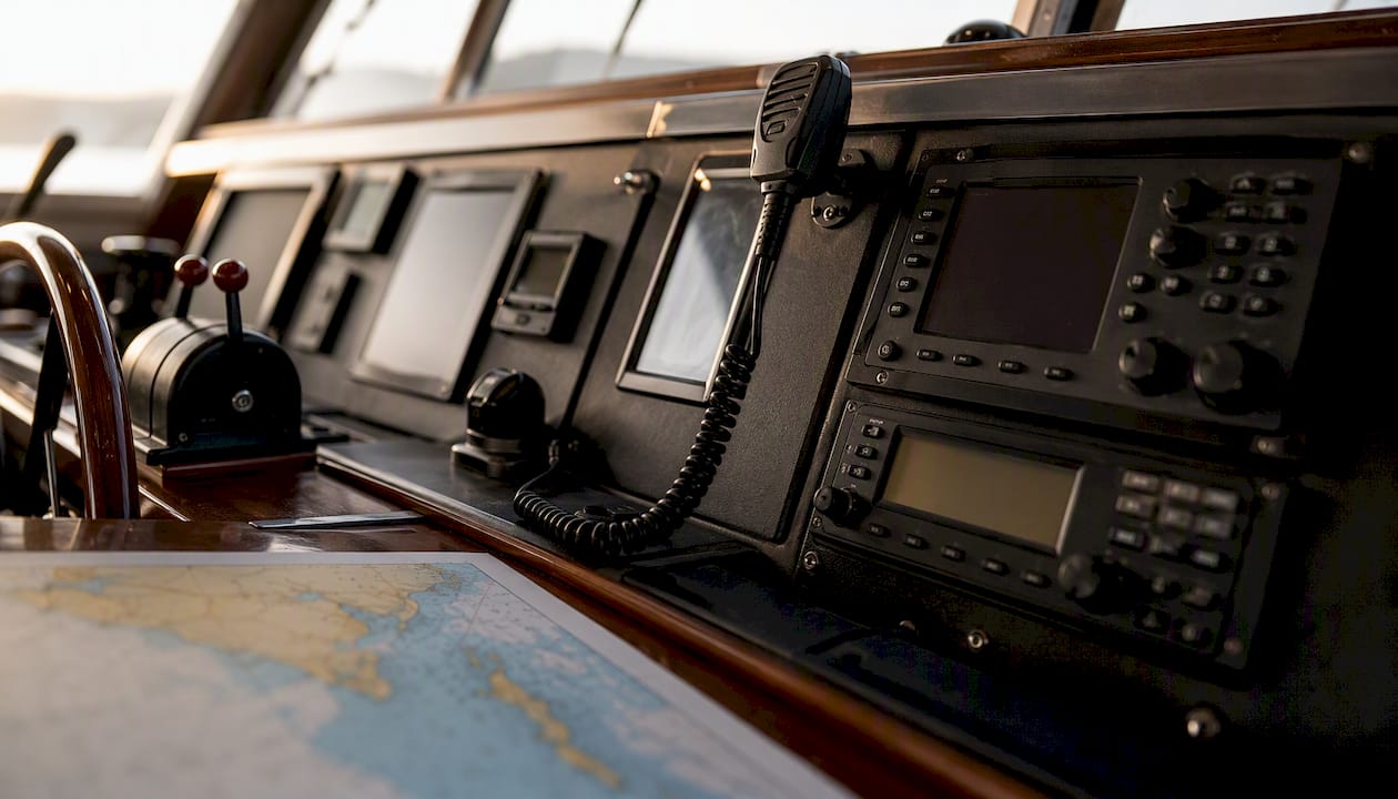 Close-up of vessel AIS and VHF radio controls