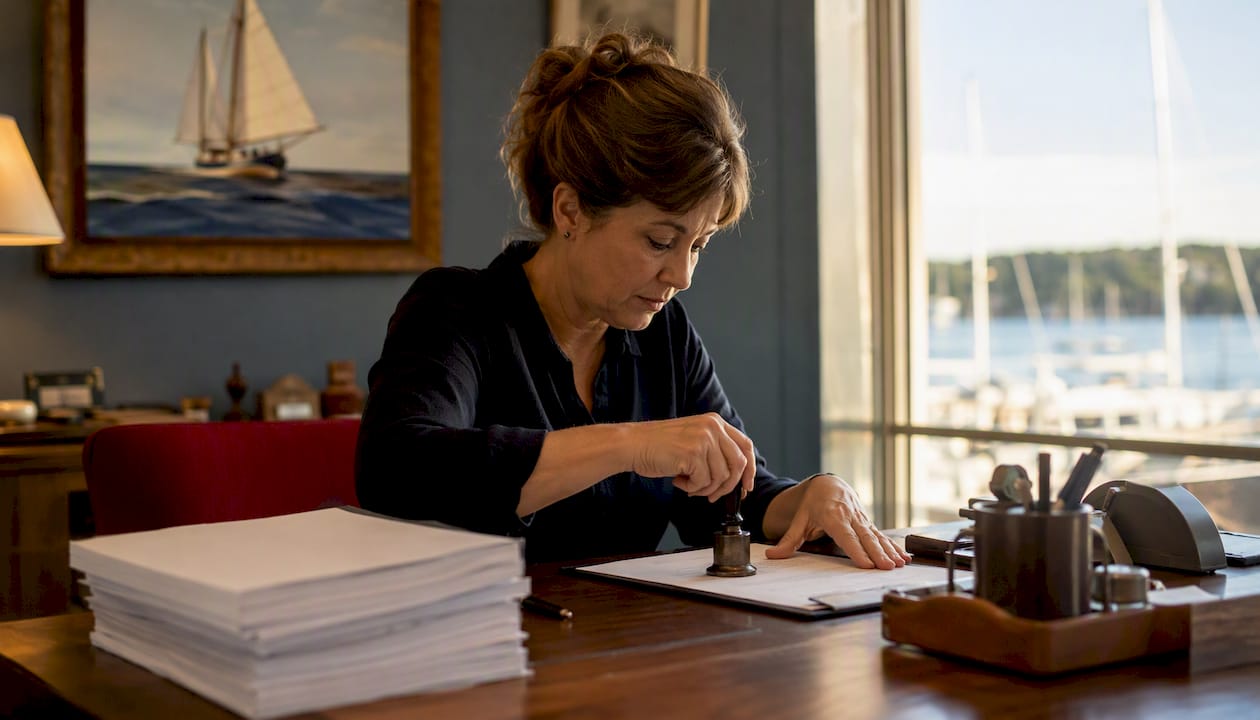 Hands stamping yacht registration certificate