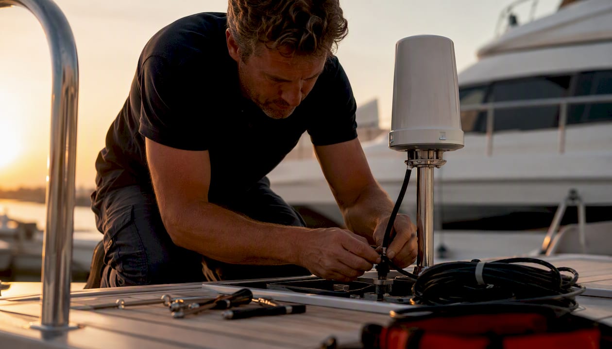 Technician wiring AIS antenna cable on boat deck