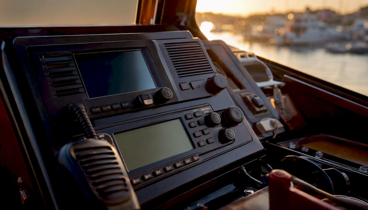 Close-up of AIS transceiver on yacht bridge