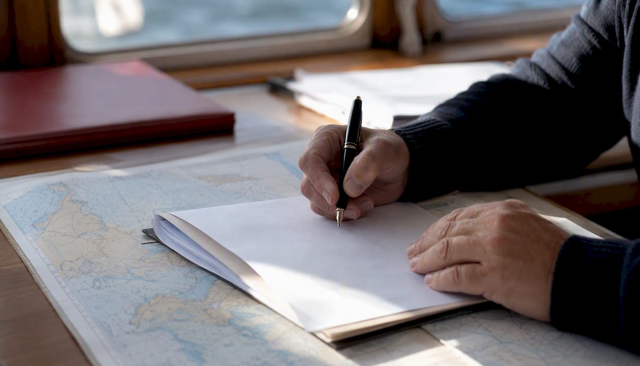 Hands signing vessel transfer documents