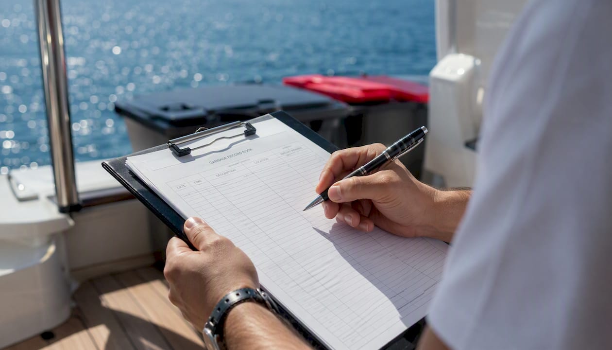 Hands writing Garbage Record Book on yacht deck