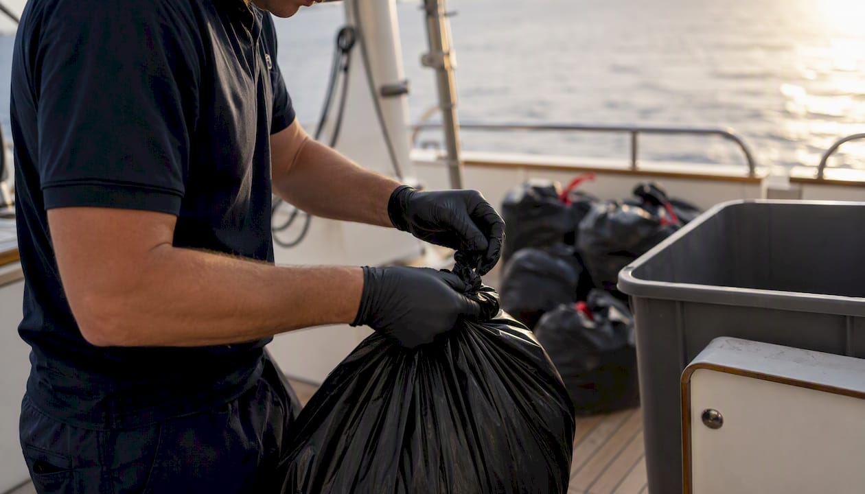Crew hands tying garbage bag on yacht waste station