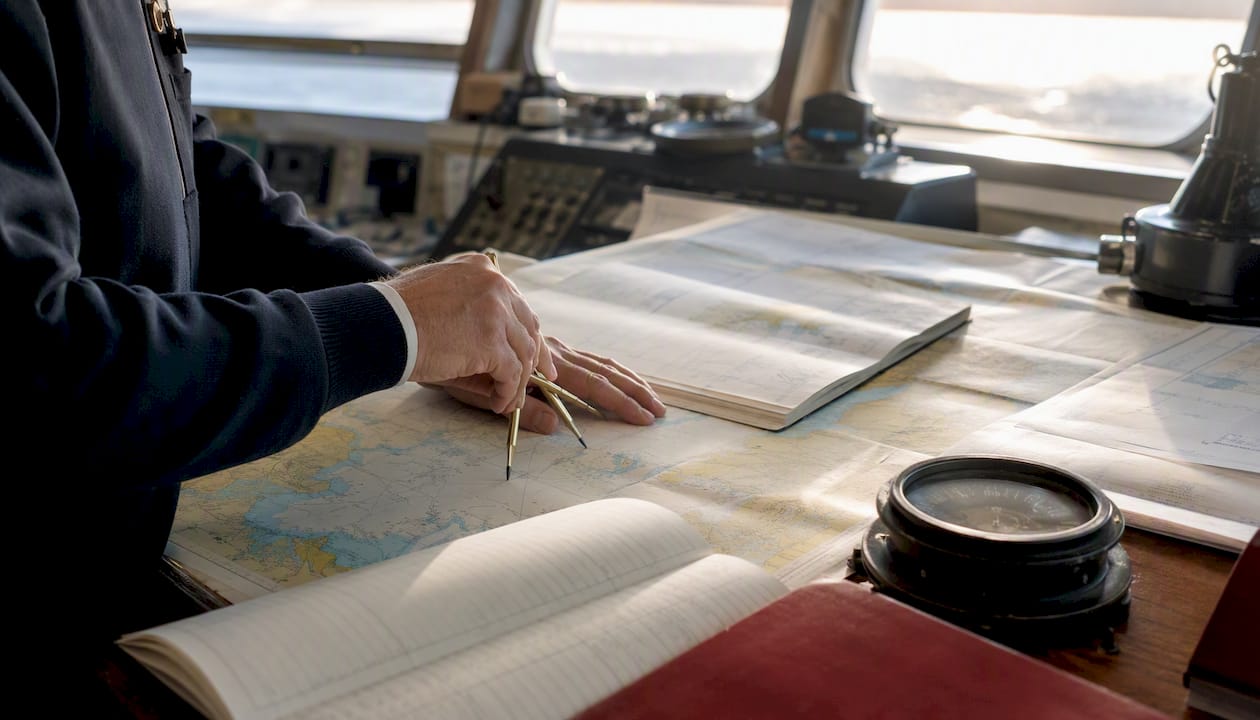 Hands operating ship bridge compliance tools