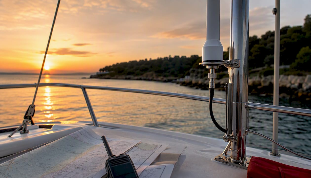Boat deck with VHF radio antenna installation