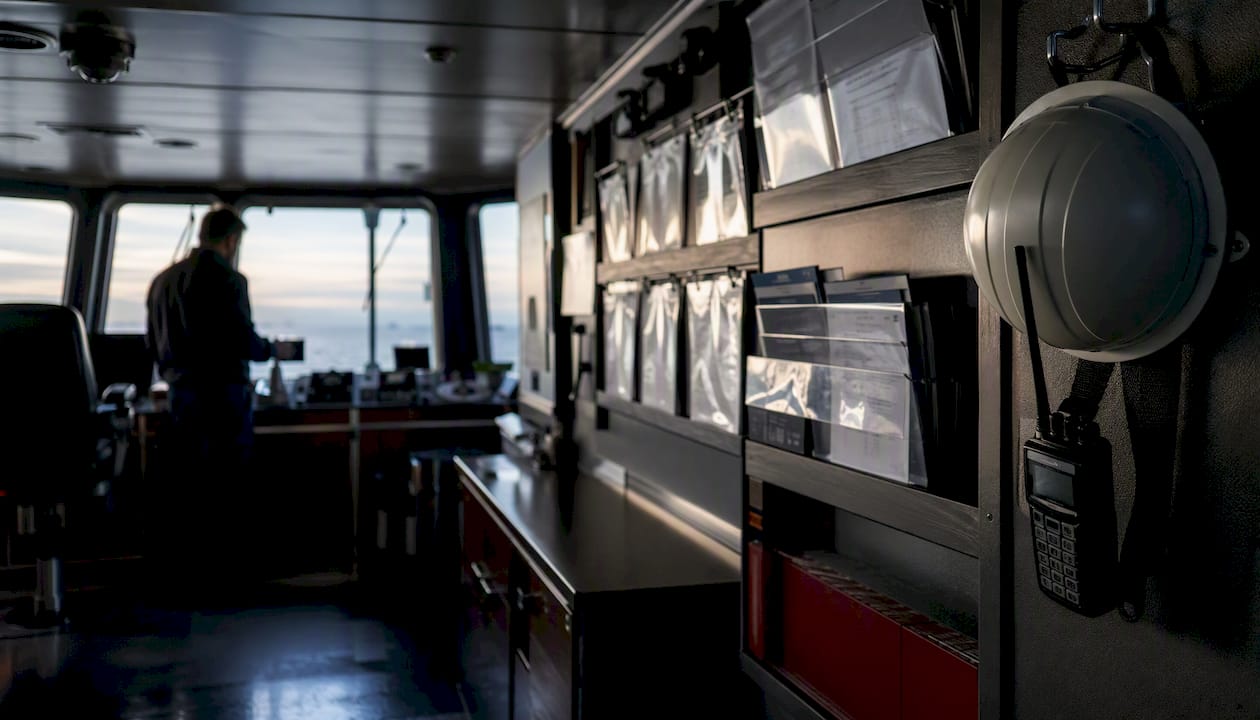 Ship bridge showing compliance documents and safety gear