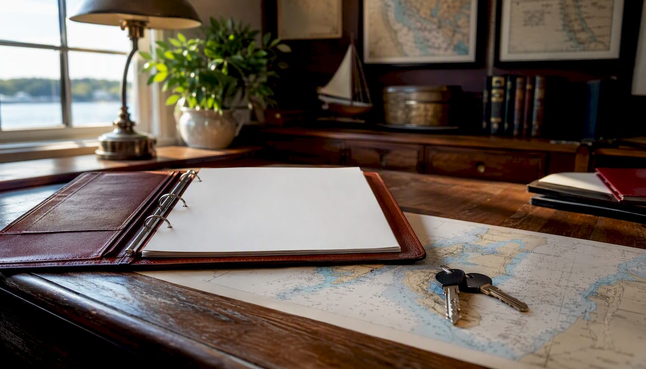 Yacht ownership documents and boat keys on table