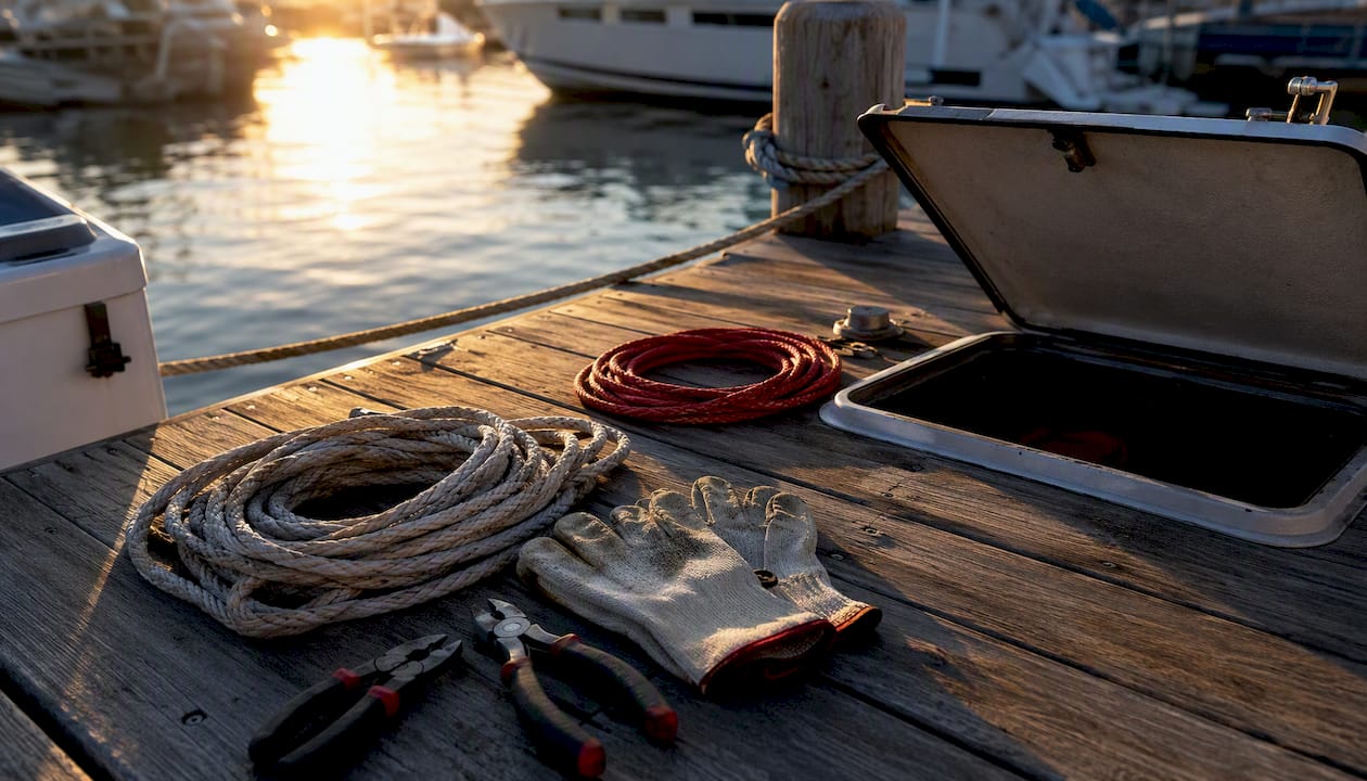 Yacht maintenance and emergency gear on dock