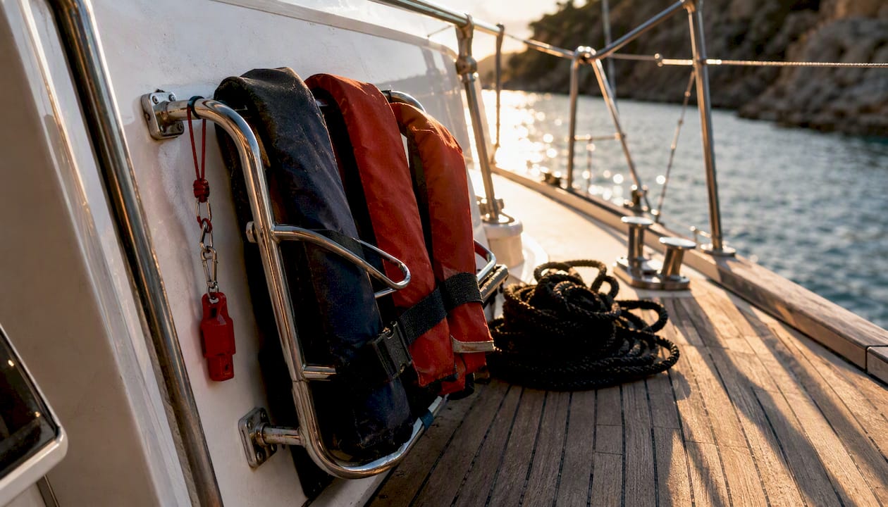 Yacht deck safety and compliance equipment detail