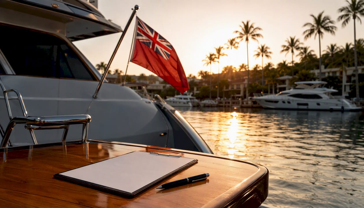 Luxury yacht at marina near registration office