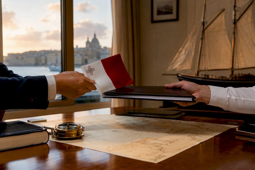 Hands exchanging registration documents with Maltese flag nearby