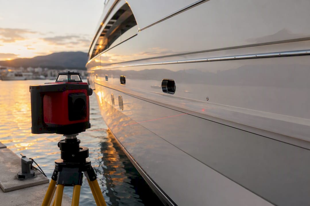 Surveyor measuring yacht hull length