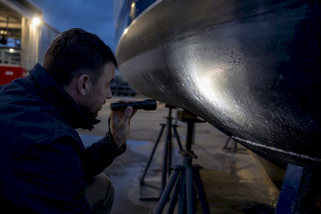 Surveyor inspecting yacht hull with flashlight