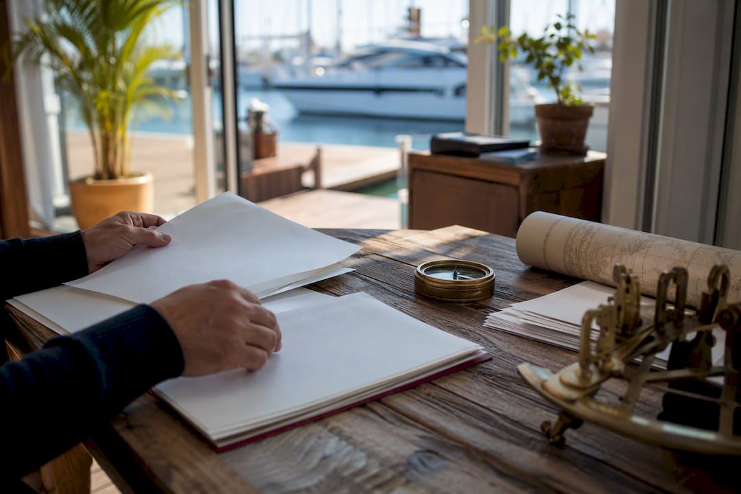 Hands organizing yacht registration documents