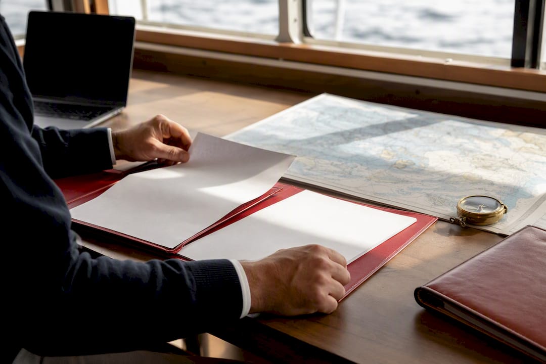 Hands preparing vessel documents on maritime table