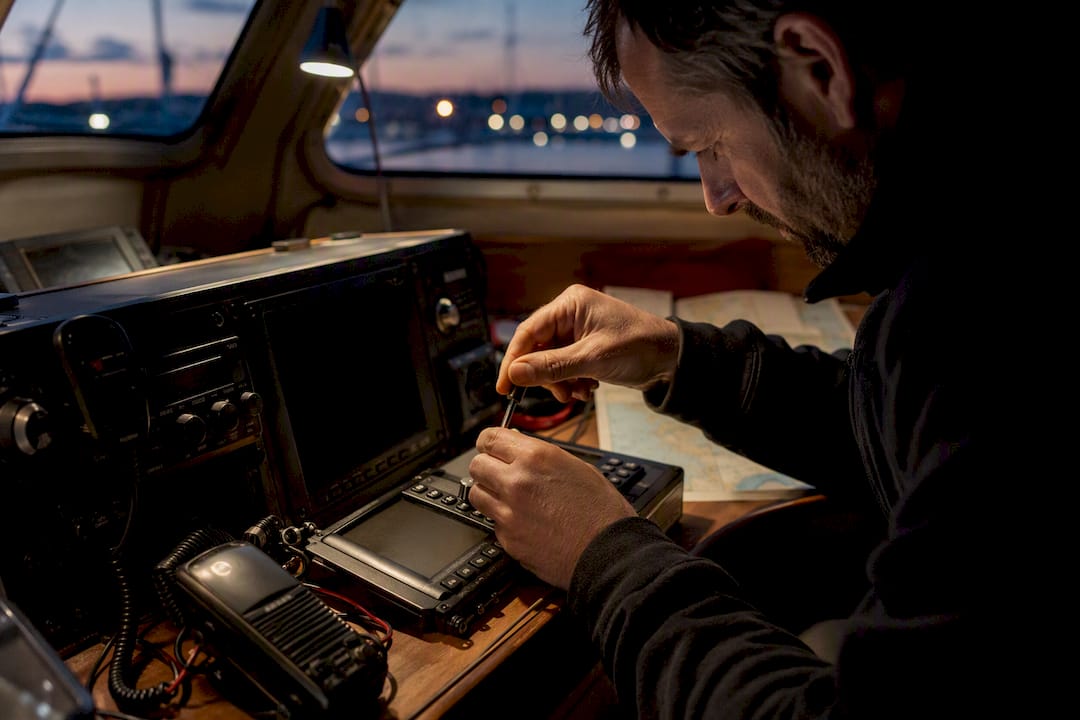 Hands reprogramming vessel AIS radio unit