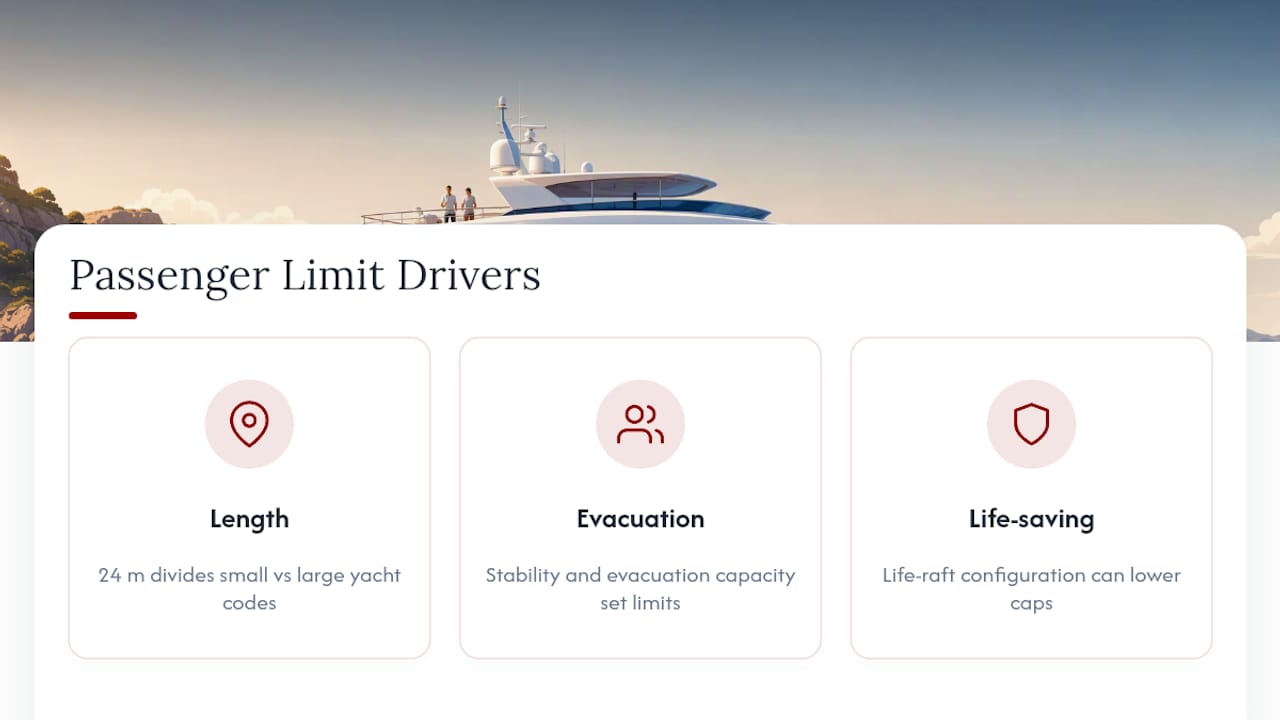 Diagram showing passenger limits related to yacht length and safety equipment