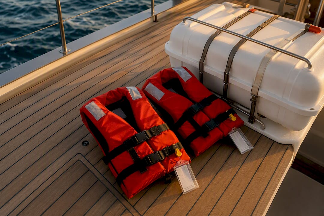 Life jackets and life raft on yacht deck