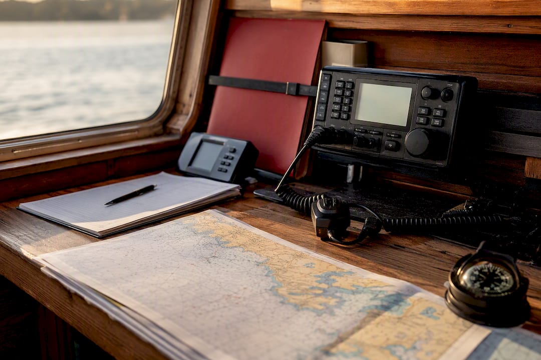 Yacht navigation table with radio and compliance tools