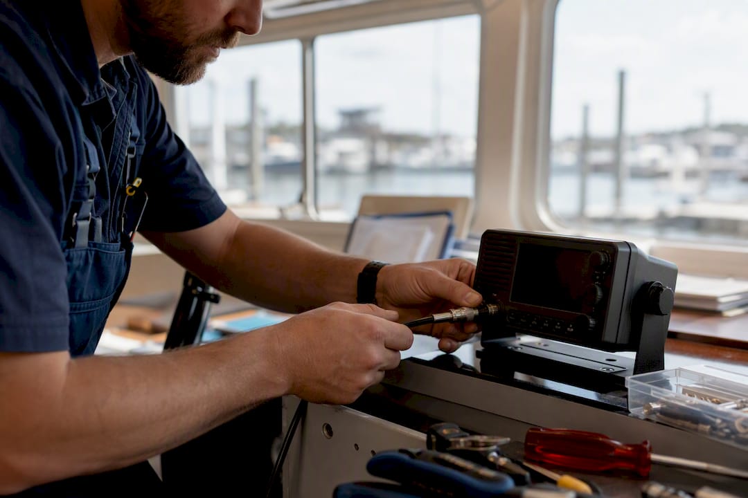Hands installing ship radio on yacht bridge