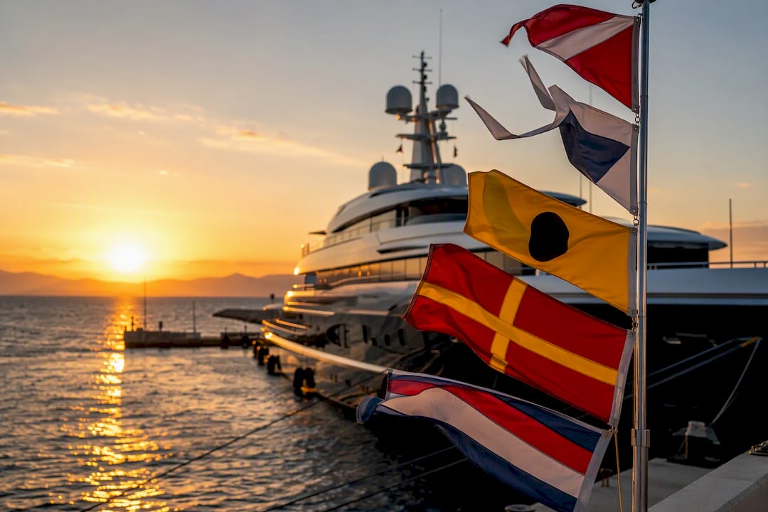 Yacht docked with maritime flags on flagpole