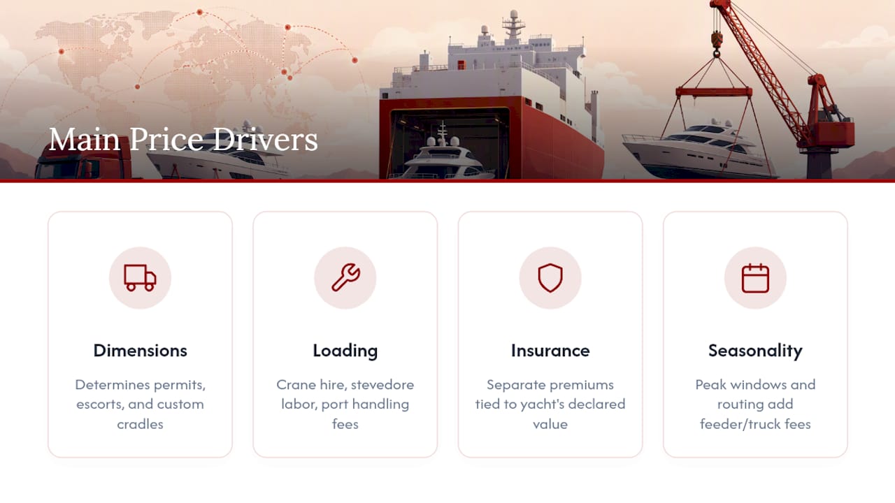 Diagram of key yacht shipping price drivers