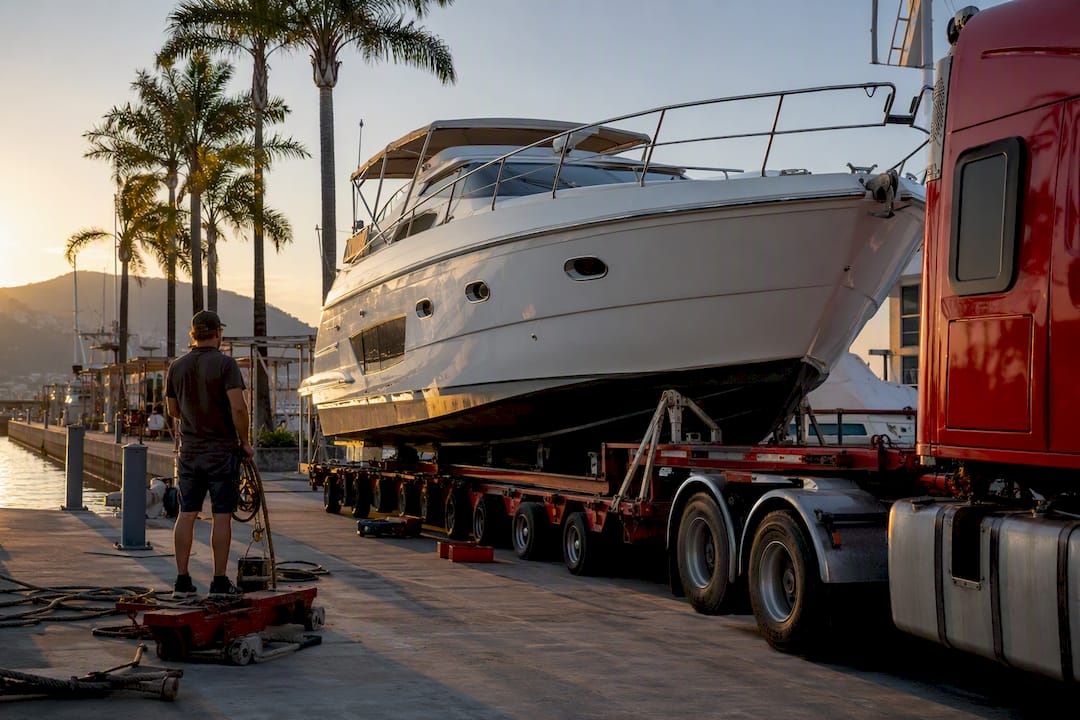 Yacht loaded on transport truck at marina