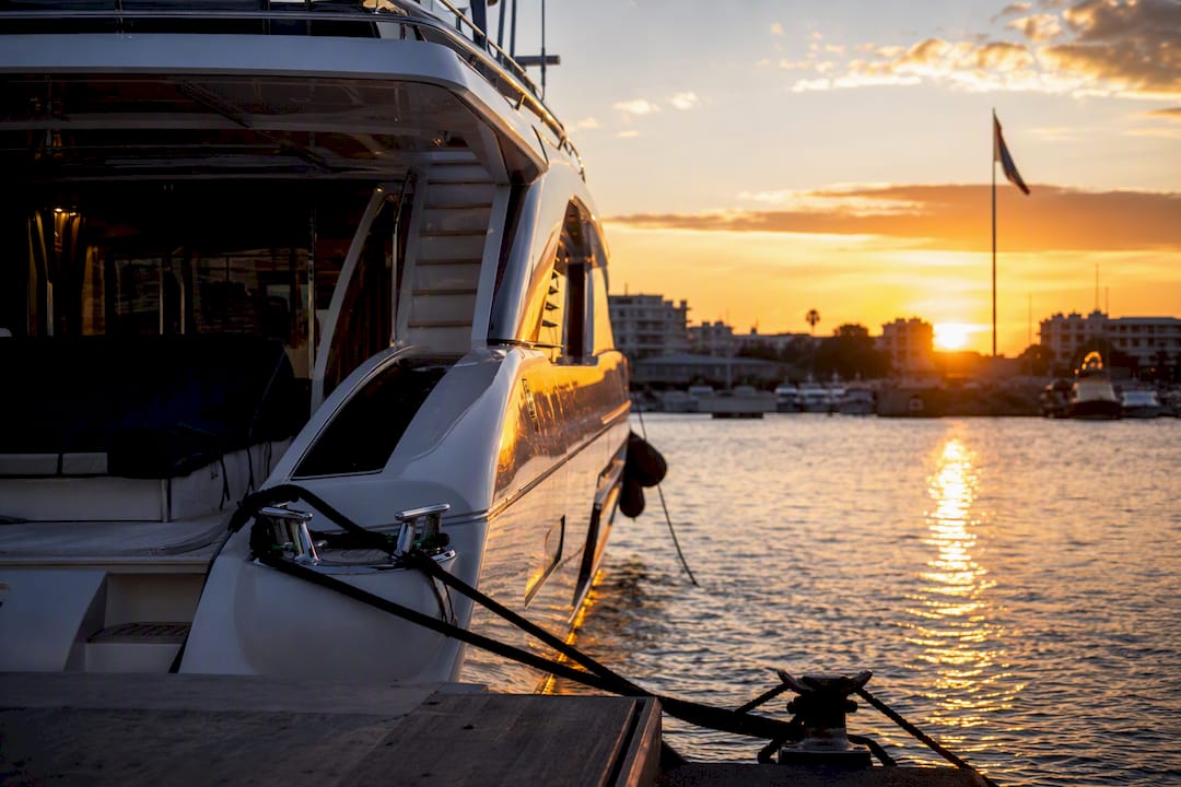 Luxury yacht moored at EU customs-friendly marina dock