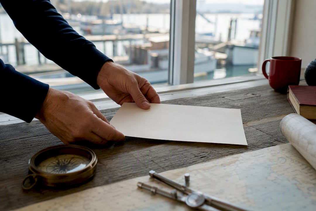 Hands placing vessel registration certificate on desk