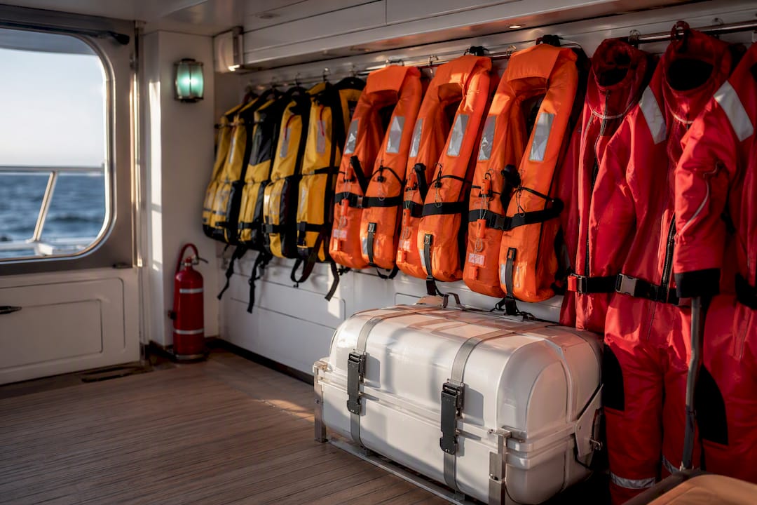 Safety equipment arranged aboard commercial yacht
