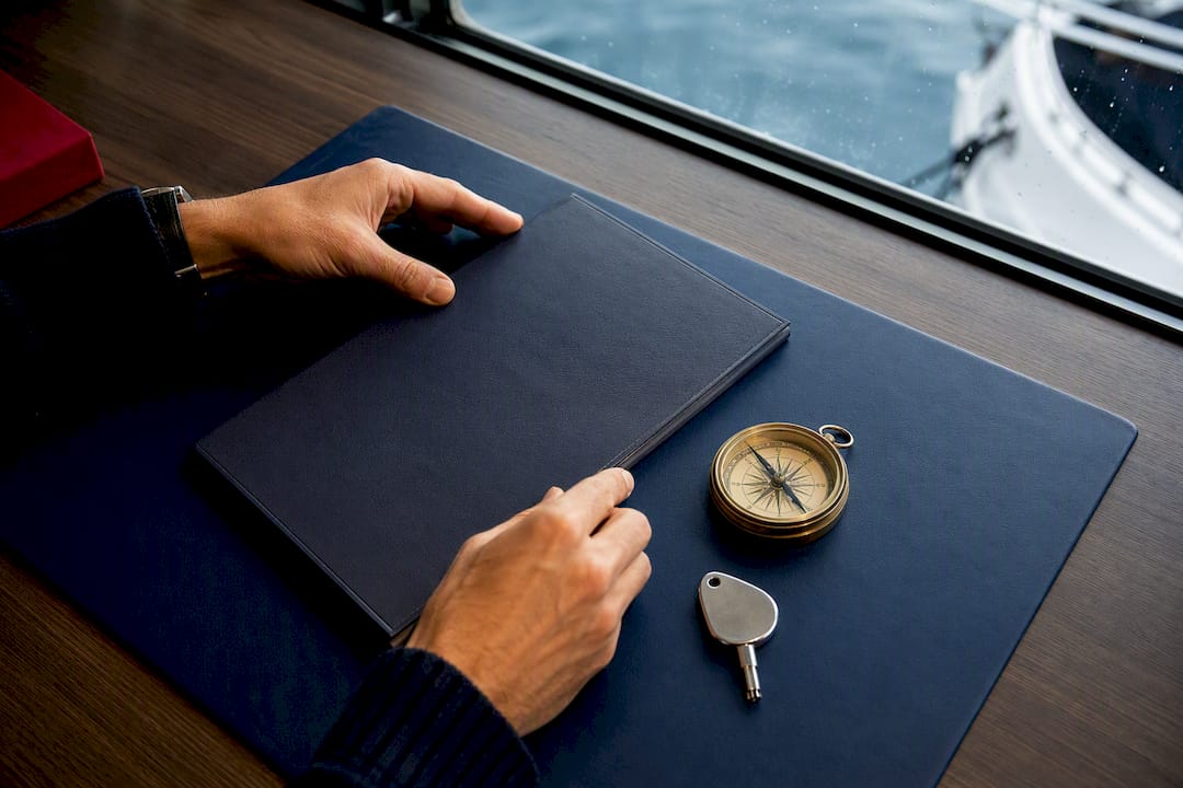 Marine insurance documents beside yacht key