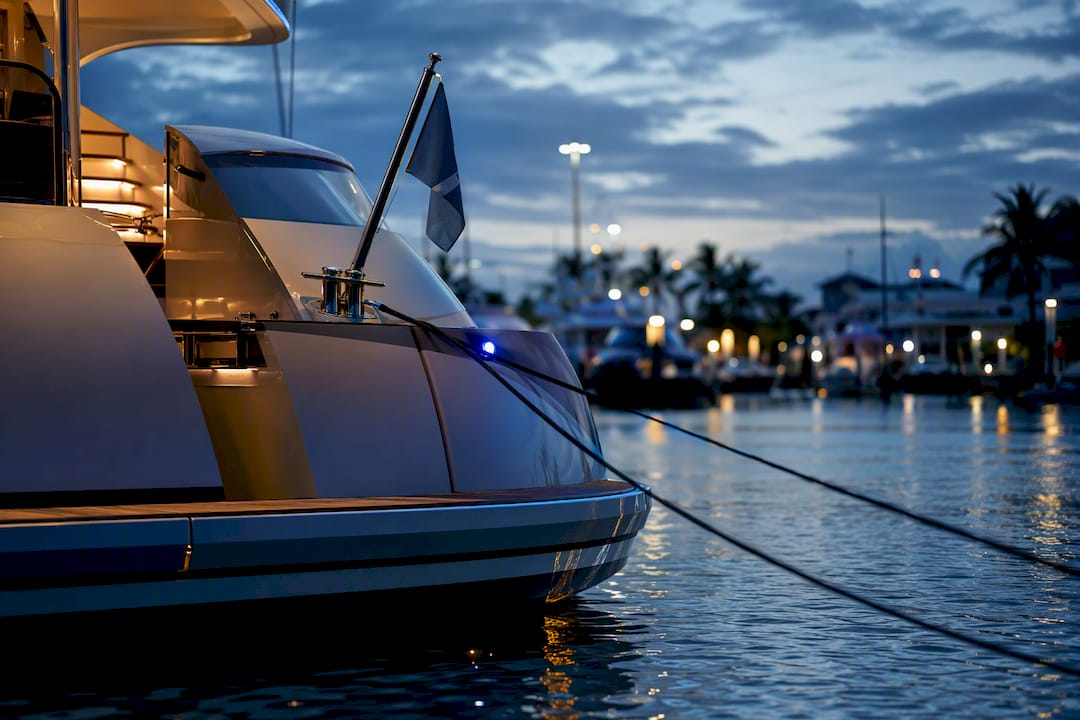 Yacht leaving marina under registration flag