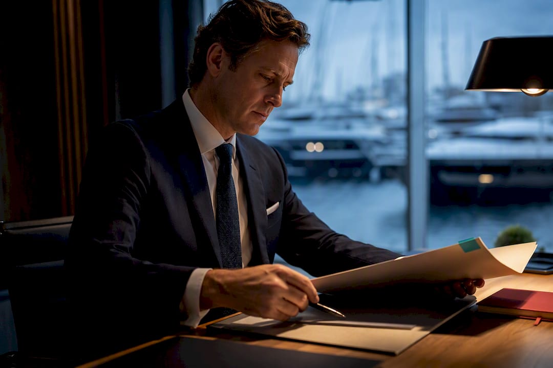Corporate counsel reviewing yacht ownership filing