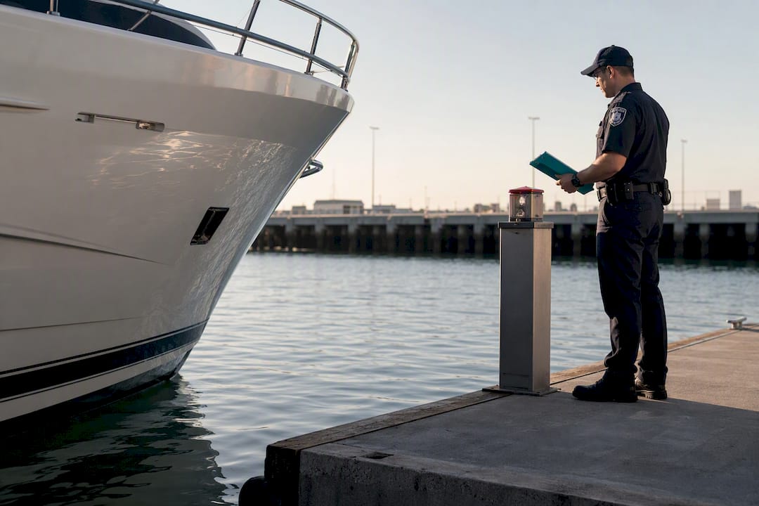 Yacht approaching a customs inspection pier