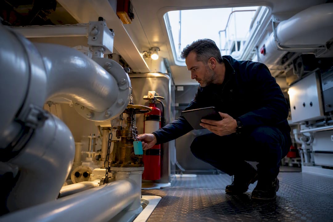Surveyor checking yacht safety equipment