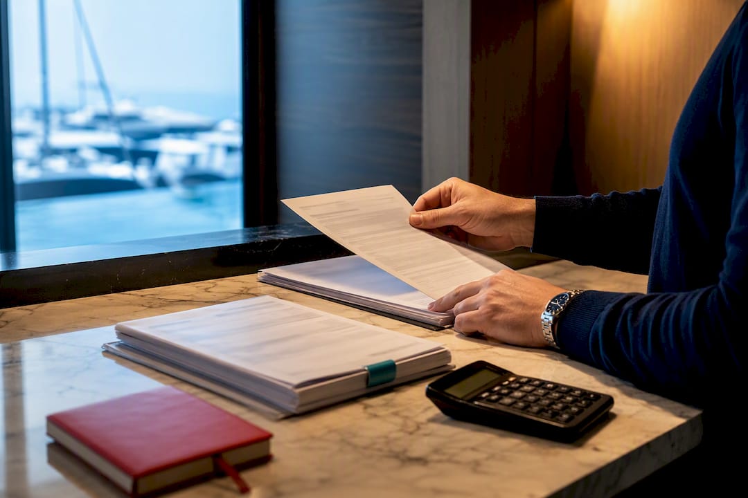 Hands reviewing yacht registration fee documents