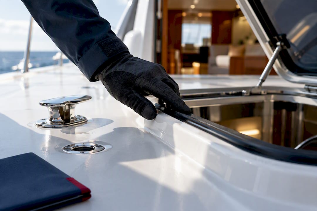 Surveyor checking yacht hatch seal